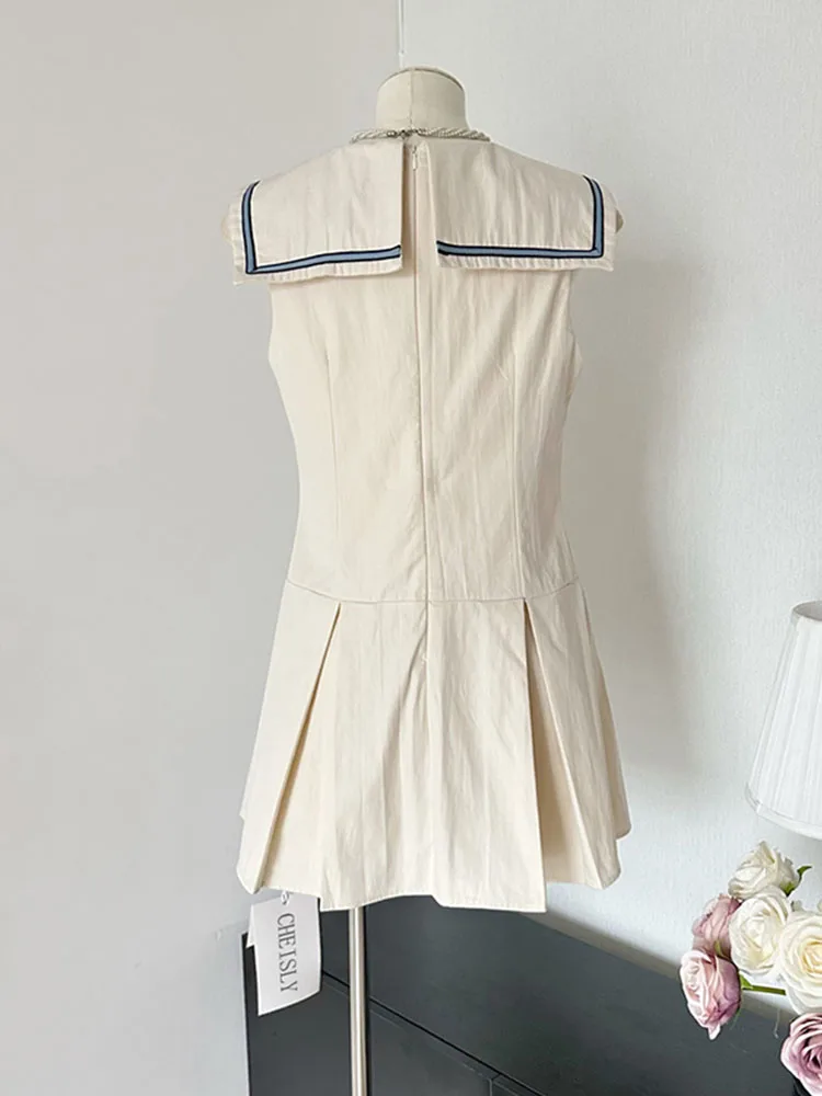 Fashion Sailor Collar Sleeveless A-line Dress Women Sweet Cute Bow Mini Dress Summer 2024 Retro One-Piece Frocks Preppy Style