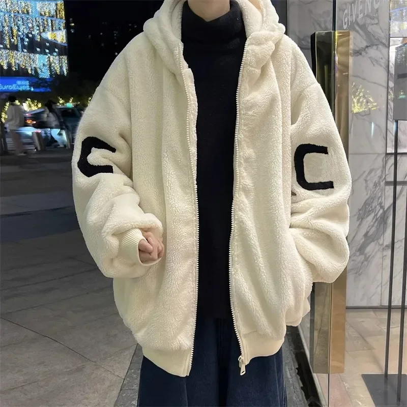 Hooded Warm Coat Men\'s Lamb Fleece Coat 2024 Autumn Winter New Preppy Style Thickened Solid Winter Jacket Men Zip-up Clothing