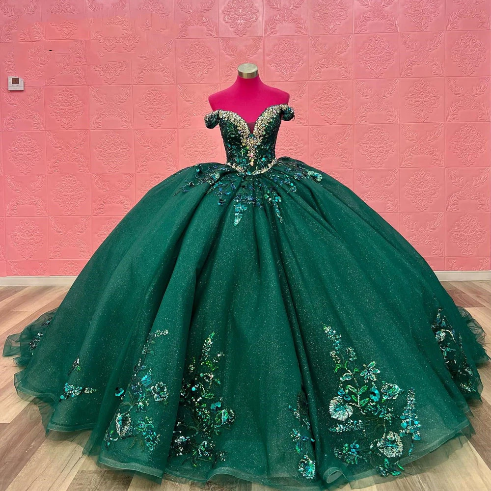 ANGELSBRIDEP-vestido De princesa con cuentas De cristal verde para niña De 15 Años, Vestidos De quinceañera, apliques, corsé