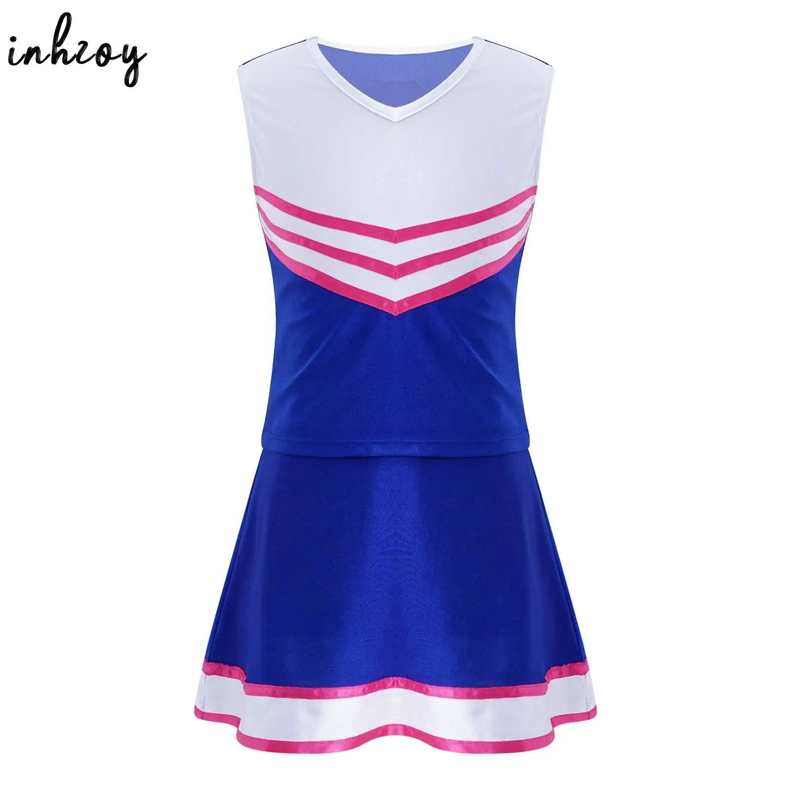 2Pcs Kids Girls Cheerleading Uniform Cheer Costume Sports Dance Outfits V Neck Striped Patchwork Sleeveless Tank Top with Skirt