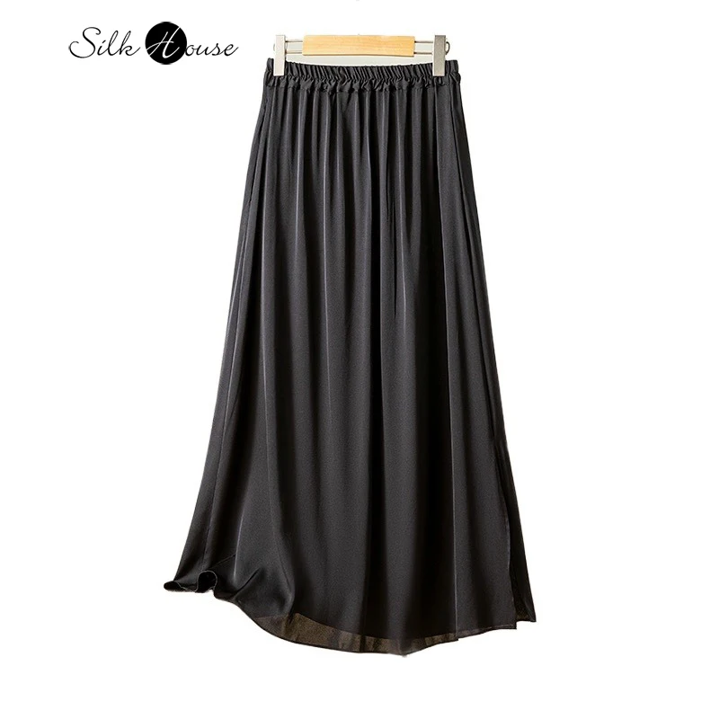 

Women's Fashion Versatile 93% Natural Mulberry Silk Elastic Double Qiao Satin High Waist A-line Loose Women's Black Skirt