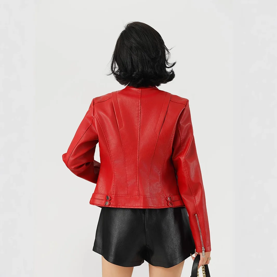 Abrigos de Pu para mujer, abrigo corto de piel sintética con cuello levantado, manga larga, ropa de calle ajustada Y2k, chaquetas con cremallera, chaqueta elegante Sexy 2025