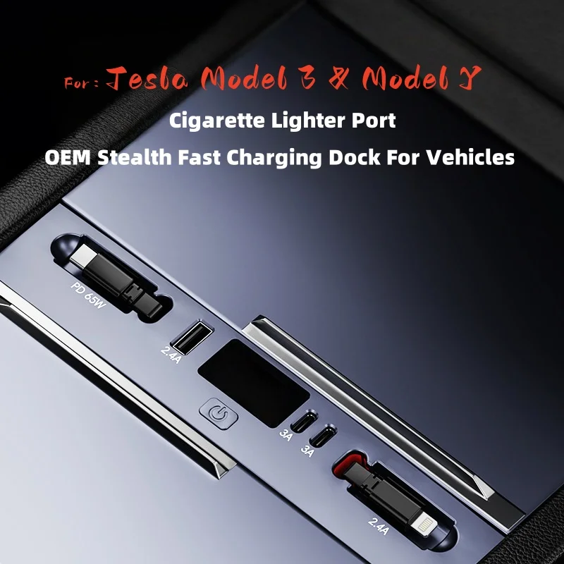 Docking Station for Tesla Model 3 / Y 65W Quick Charger USB Shunt Hub Extension Center Console Smart Sensor Car Lighter Socket