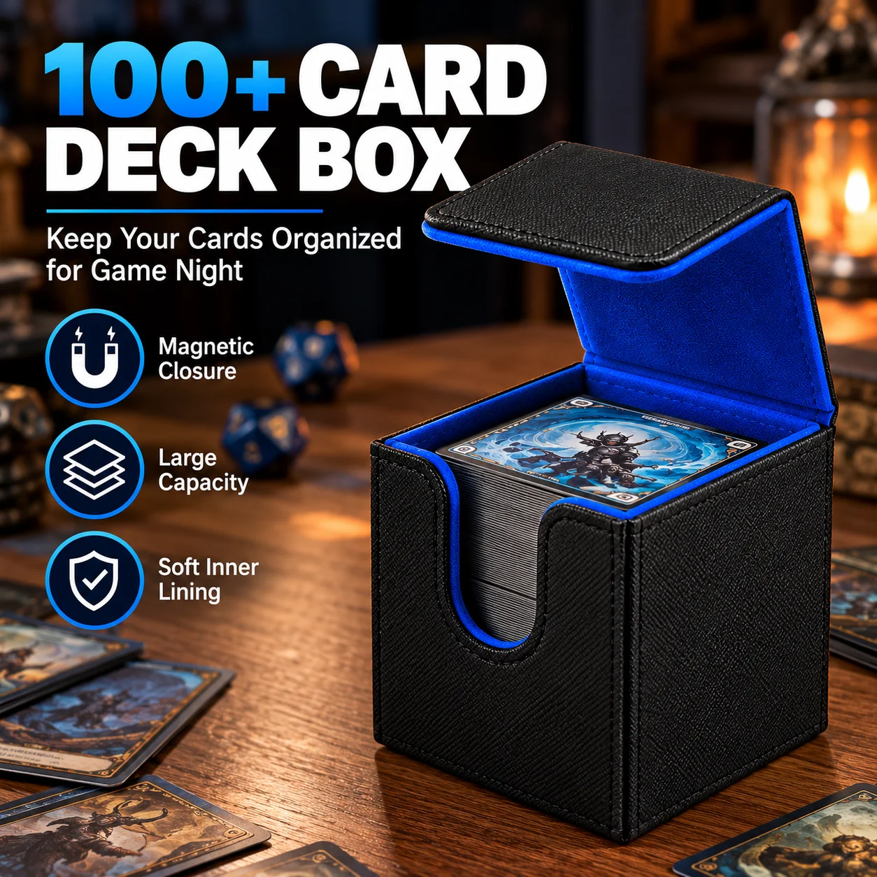 Trading Card Deck Box PU Leather Magnetic Storage Case Fits 100+ Sleeved Cards TCG CCG Game Card Holder Organizer Blue Carry Box