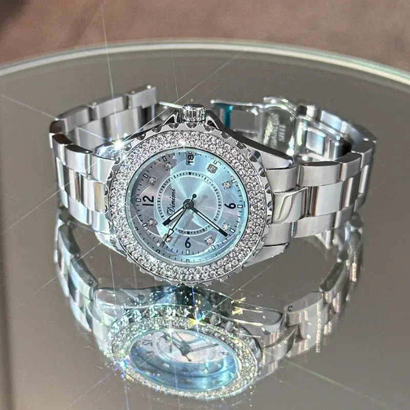 Business Women Watch Exquisite Water Diamond Light Luxury Women Quartz Wristwatches Waterproof Steel Bands Fashion Business Gift