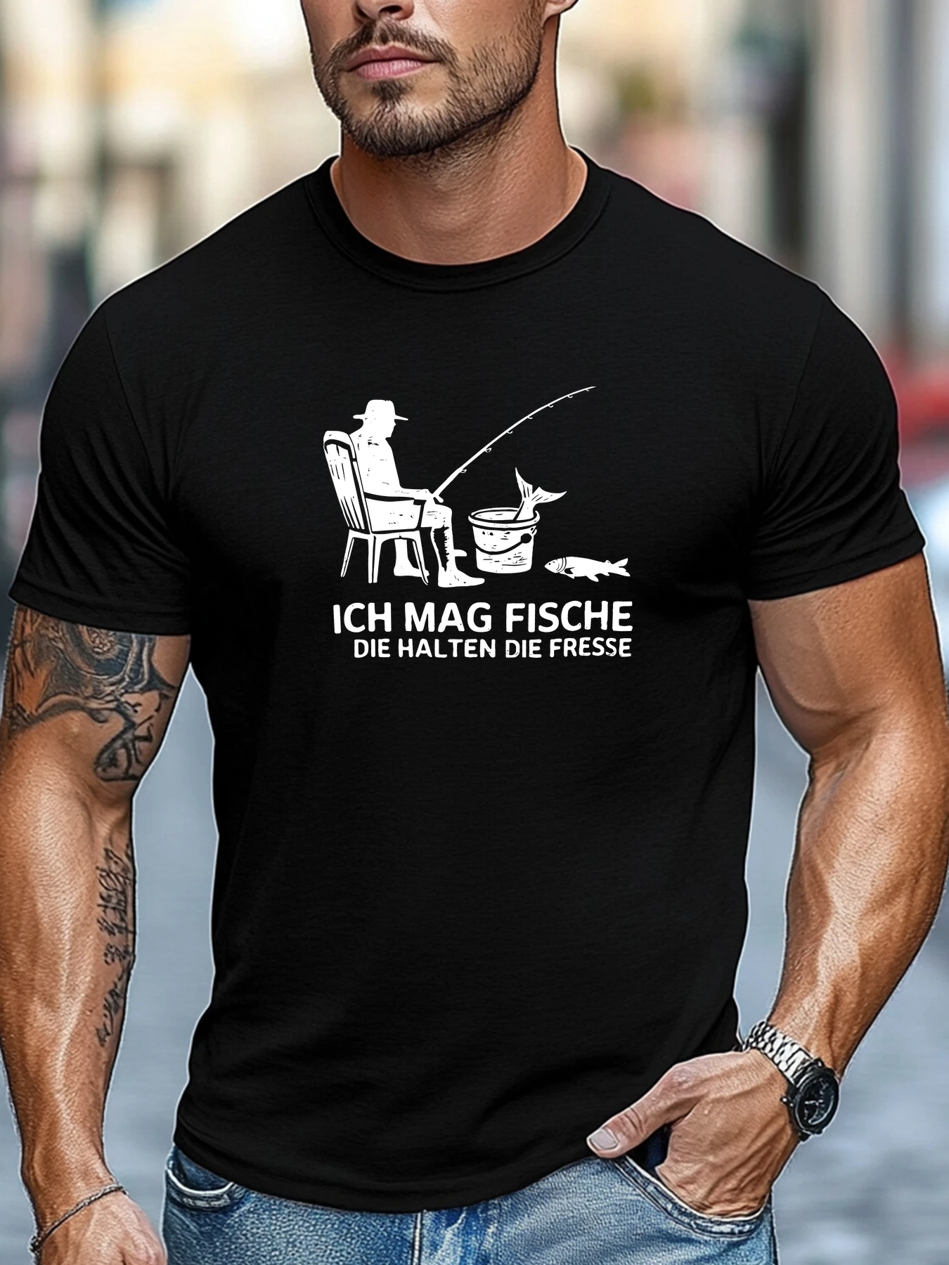 Men Black Crew Neck Tee White Silhouette Sitting Fisherman Chair Rod Bucket Fish Ich Mag Fische Funny German Text Graphic Soft S