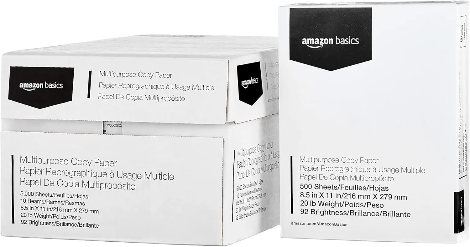 

Multipurpose Copy Printer Paper, 20 lb, 8.5 x 11 Inches, 10 Reams (5000 Sheets), 92 Bright White for Laser/Inkjet Printers