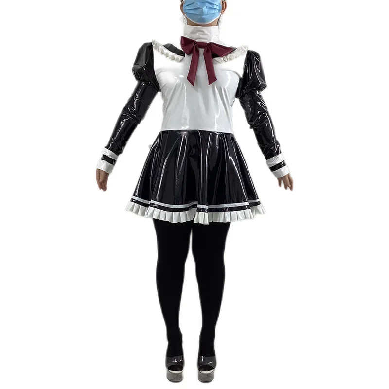 Shiny PVC high neck long puff sleeve anime maid dress sweet maid uniforms clubwear maid cosplayed costume fetish clothing s-7xl