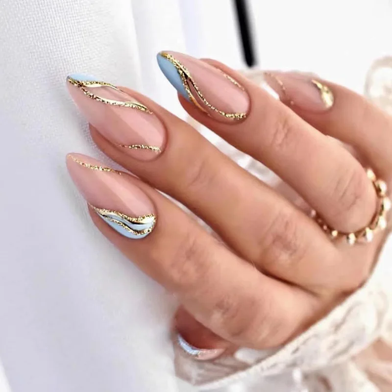 

24Pcs Summer Blue Nude Color Almond Nail Tips Full Cover Stripe Glitter Golden Wearable French Mid-length Fake Nails Fashion Art