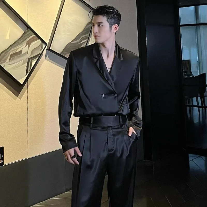 

KIDWHXR Spring Summer 2-piece Suit Set Man Double-breasted Shirt Men Loose Straight Pant Male Thin Comfotable Casual Outfit