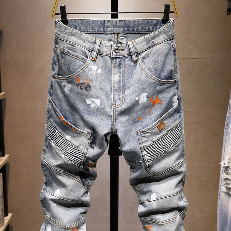 Street Designer Fashion Men Jeans Retro Washed Blue Stretch Slim Fit Multi Pockets Denim Cargo Pants Painted Hip Hop Biker Jeans