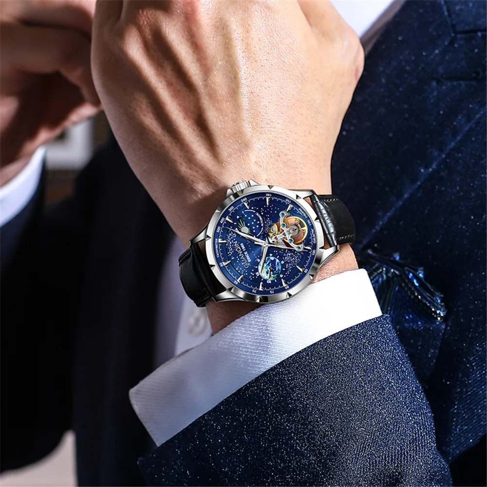 GUANQIN Stainless Steel Leather Band Men's Watch Starry Sky Dial Automatic Self-Wind Mechanical Skeleton Business Sapphire Clock