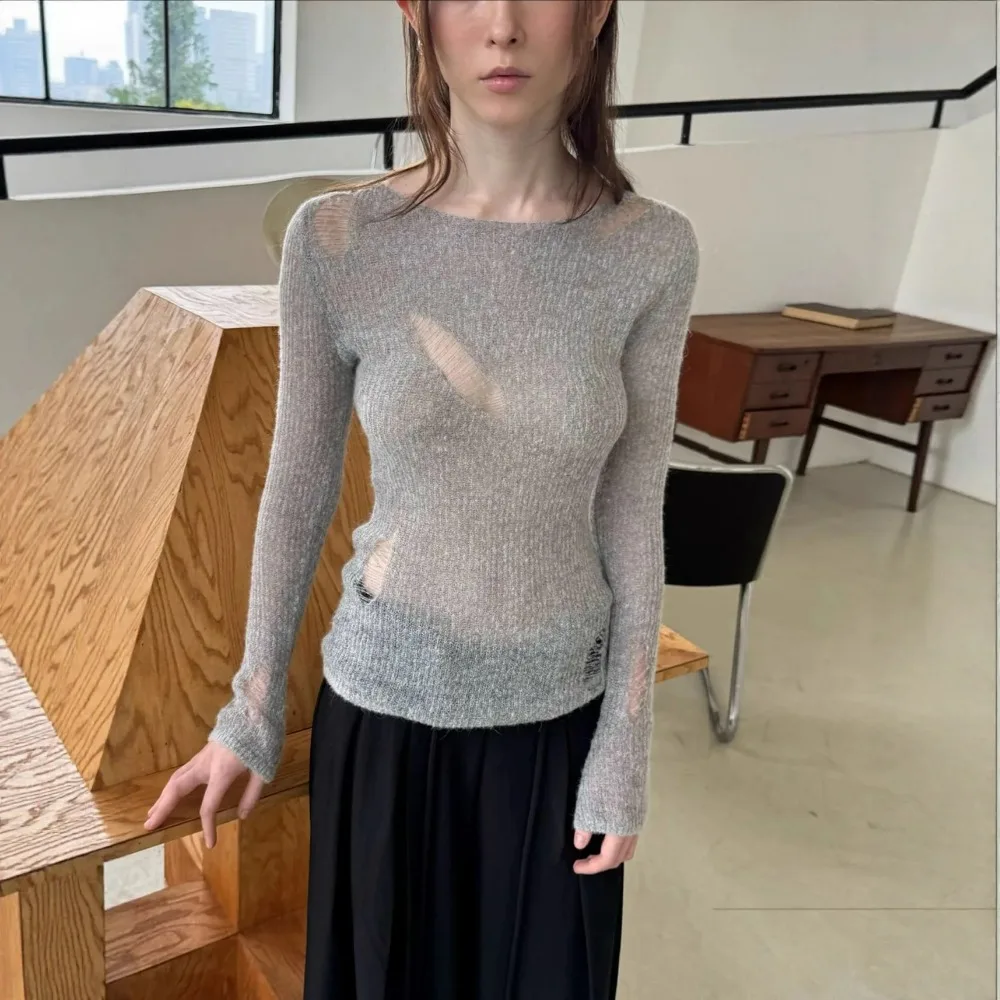 2026 Design Hollow Splicing Lace Knitted Sweater Women's Micro-transparent Temperament Bottoming Top