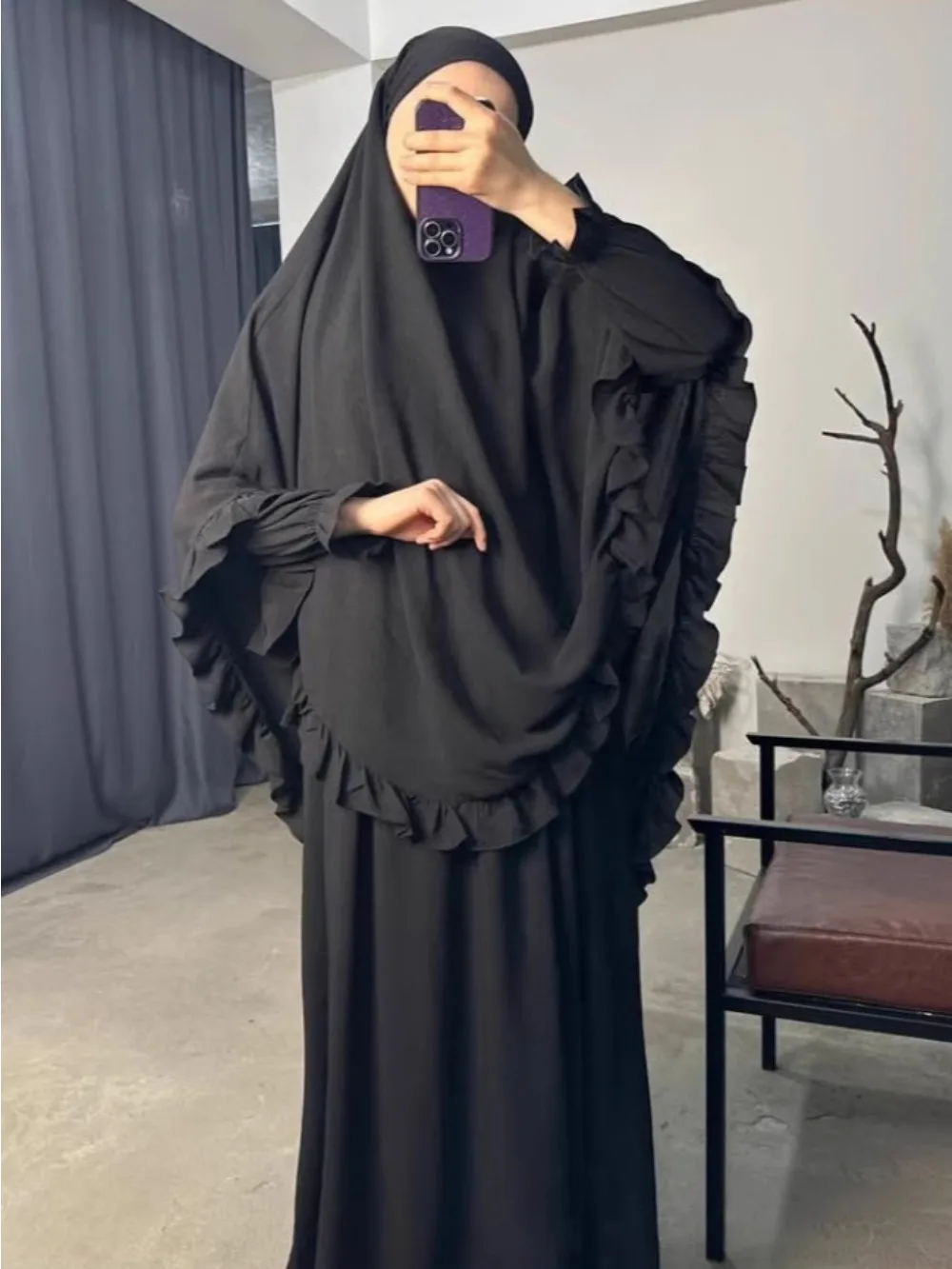 Ramadan Long Khimar with Dress Hijab Eid Muslim Headcarf Women Jilbab 2 Piece Set Jubha Islamic Hijabs Musulman Prayer Garment