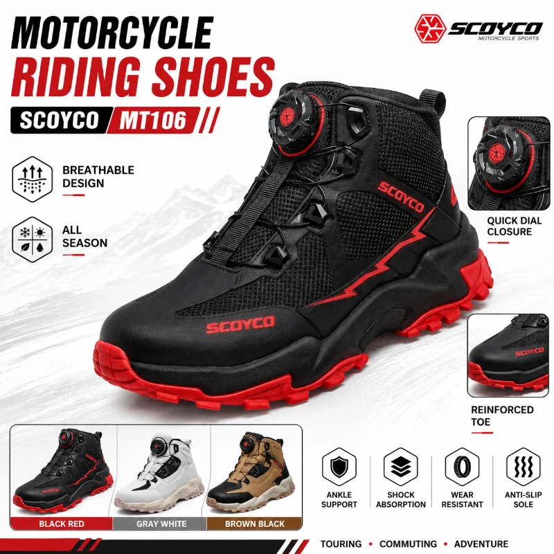 SCOYCO MT106 Motorcycle Riding Shoes Men Breathable Touring Boots Quick Dial Closure for Rally Adventure Commuting All Season