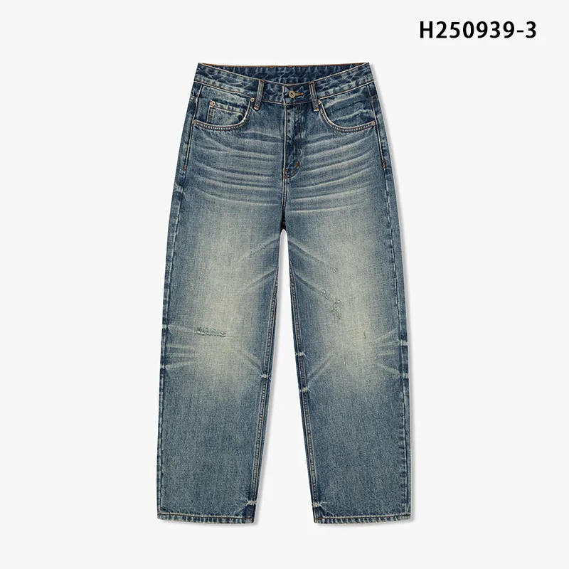 

High Quality 14.2 oz 100% Cotton Blue-Gray Slashed Distressed Washed Crushed Whiskers Honeycomb Scimitar Denim Jeans for Men