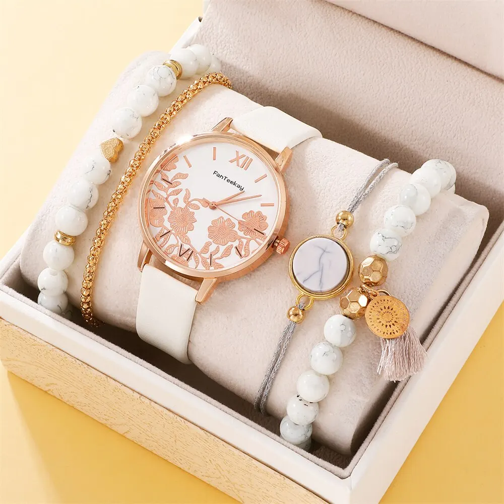 5PCS Set Womens Bracelet Quartz Watches For Women Leather Watch Ladies Sports Dress Rose Dial Wrist Watch Clock Relogio