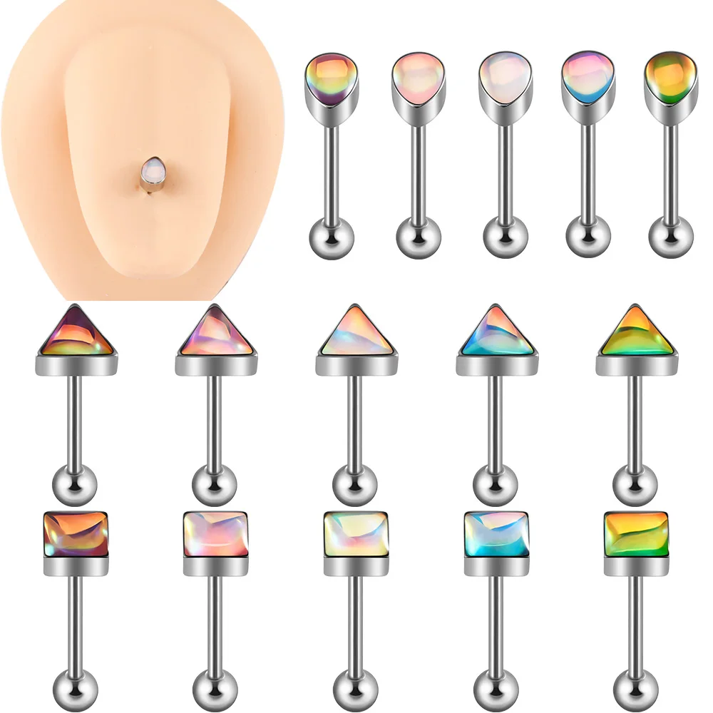 1PC Stainless Steel Flash Film Square Tongue Studs Externally Threaded Helix Ear Cartilage Tragus Body Piercing Jewelry 14G