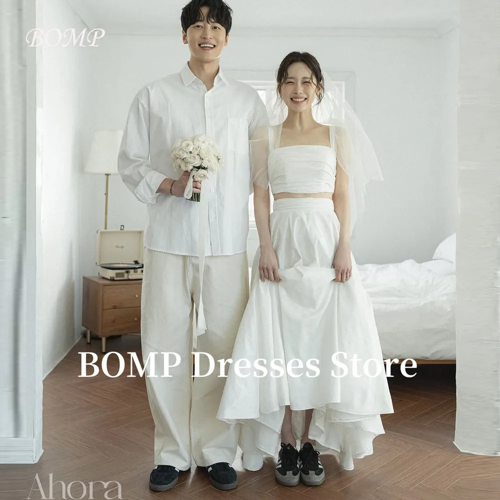 BOMP 2PCS White A Line Wedding Party Dresses Wide Straps Soft Taffeta Bride Gowns Garden Plain Customized Korea Photo shoot