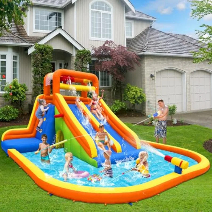Backyard inflatable water park for kids' parties: PVC, blue/red, dual tall slides, climbing walls, large splash pool, tunnel, 2