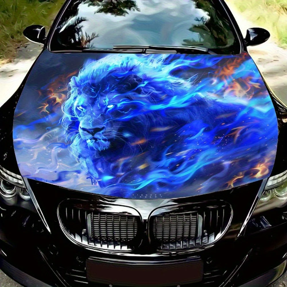 

Majestic Blue Flame Lion Car Hood Wrap Colorful Vinyl Sticker For Trucks, Decorative Bonnet Graphics And Auto Accessories,Highqu