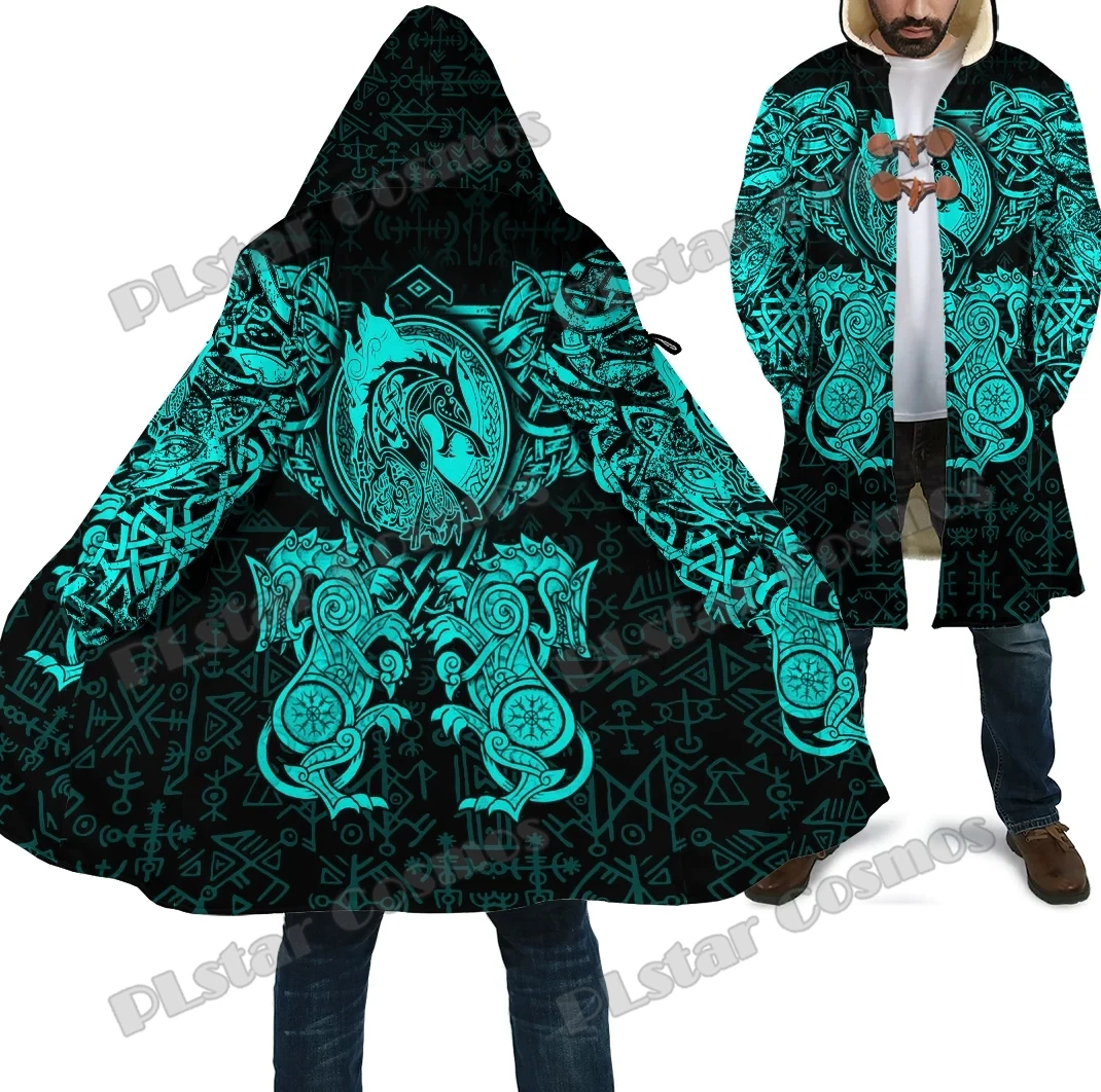 PLstar Cosmos Dragon and Wolf Tattoo 3D Printed Men's Fleece Hooded Cloak Winter Unisex Casual Thick Warm Cloak Coats PF137
