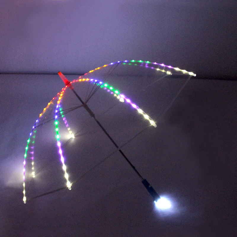 Romantic Valentine's Day Gift Colorful LED Umbrella With Flashlight Long Handle Luminous Transparent Umbrella Night Walk Supply