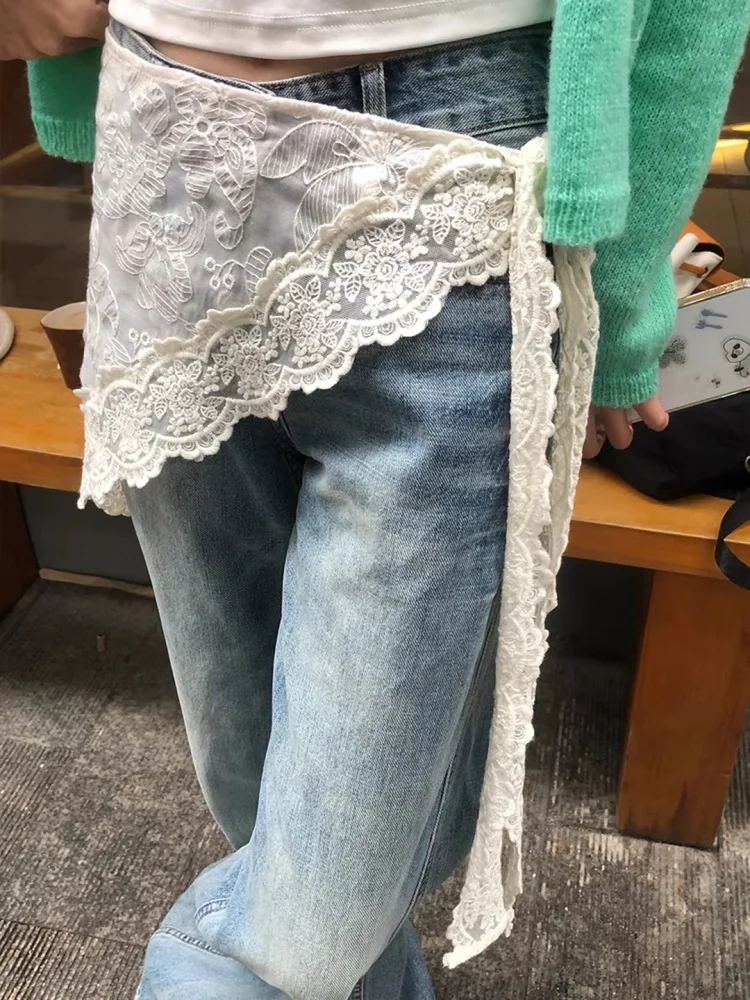 New Fairy Tale Lace Butt Curtain  Waist Belt Wrap Outer Half Skirt Women's Korean Style Embroidered High Waist A-Lin...