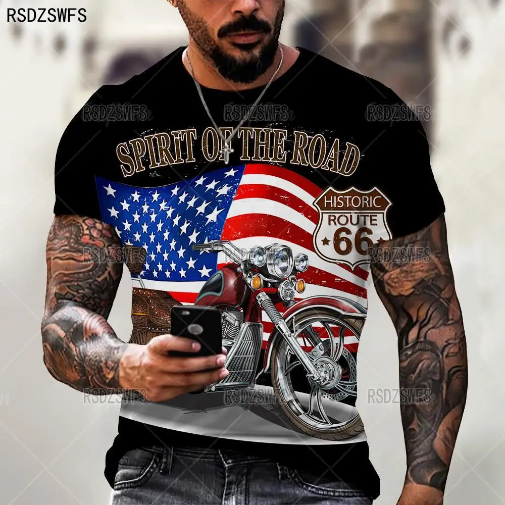 Fashion American Flag Men\'s T Shirt Summer Short Sleeve Oversized Loose Retro T-Shirt American Route 66 Letter Print Tops Tees