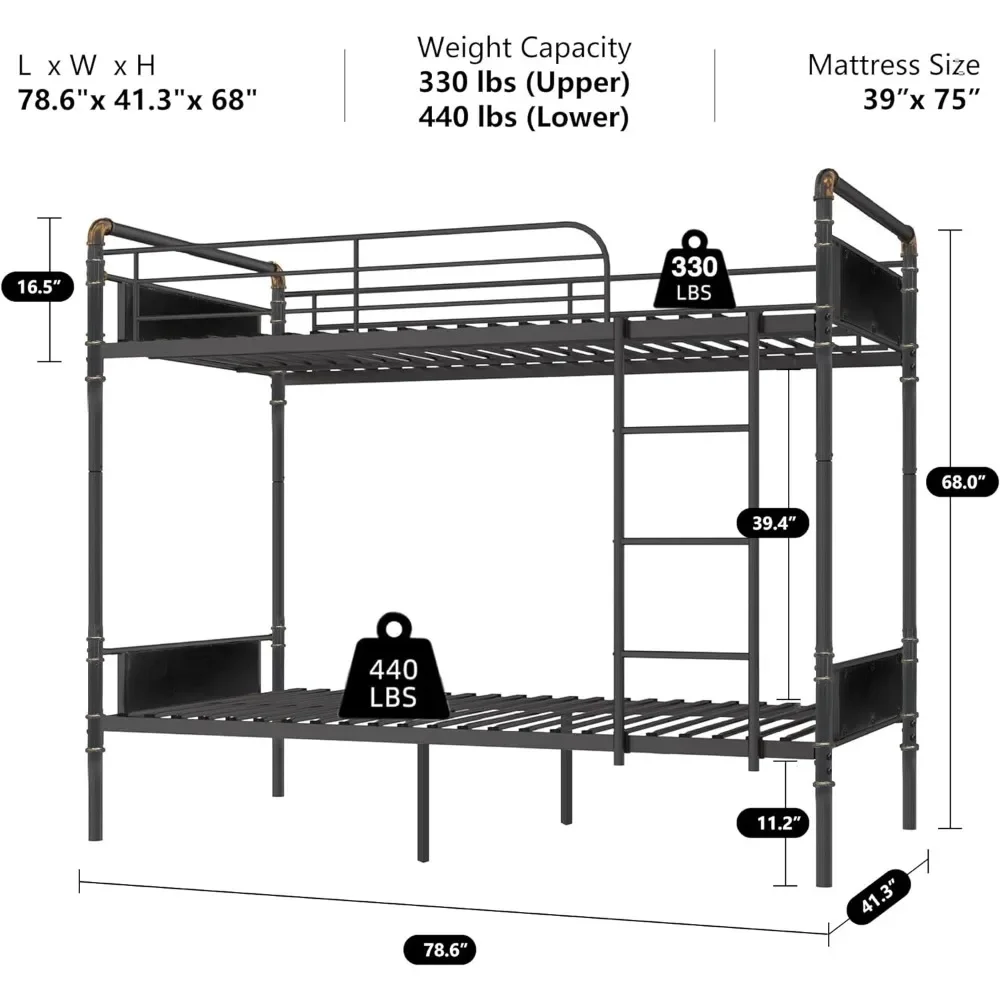 2 IN 1 Metal Bunk Bed Twin Over Twin, Convertible Twin Bunk Beds into 2 Individual Twin Size Bed for Kids Adults