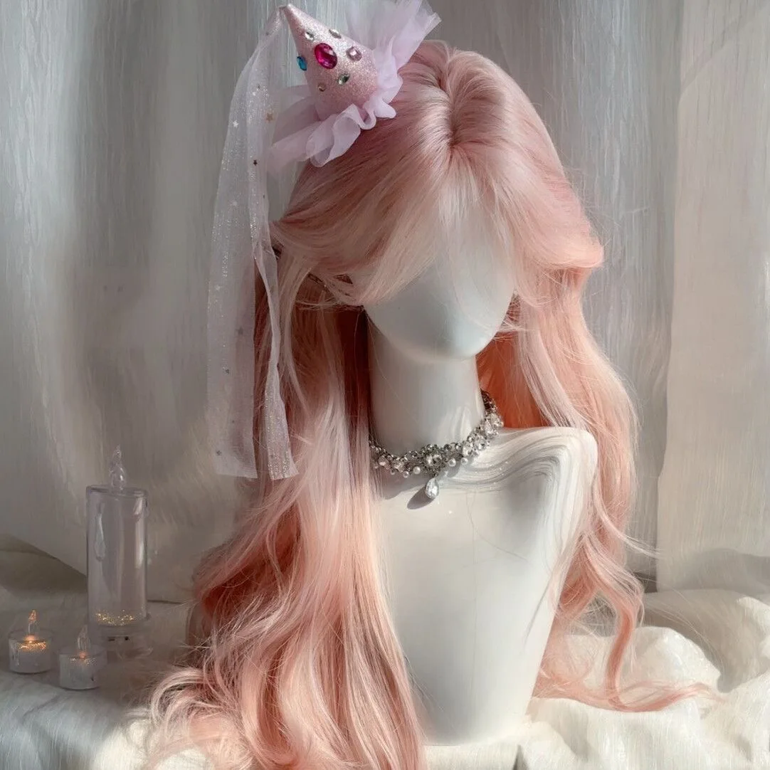 Rosa Perücke, langes Haar, künstlicher Haarsimulationskopf, Anime-Spielzubehör, Cosplay, volle Kopfbedeckung, lockiges Haar, Foto-Show-Requisiten