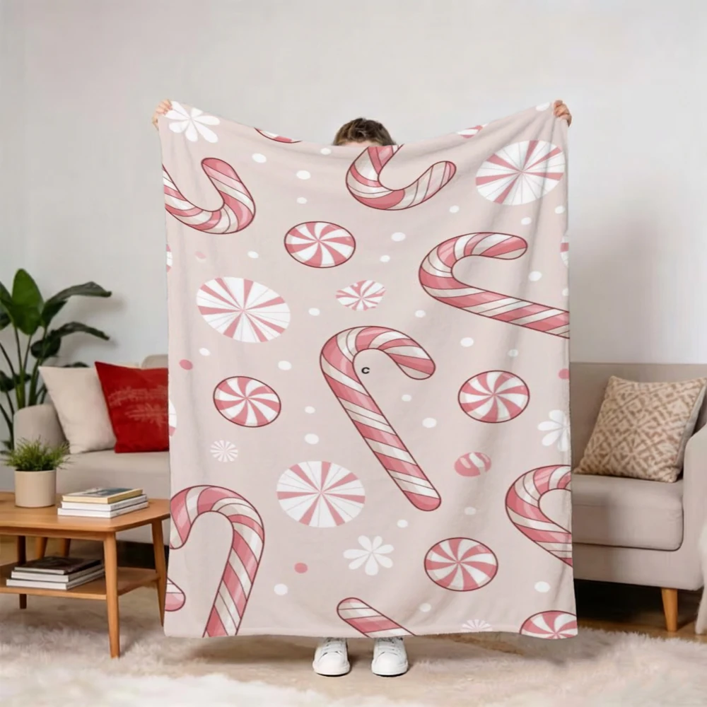2d Printed Grey Pink White Peppermint Candy Cane Pattern Throw Blanket For Holiday Party Xmas Gift Living Room Decor