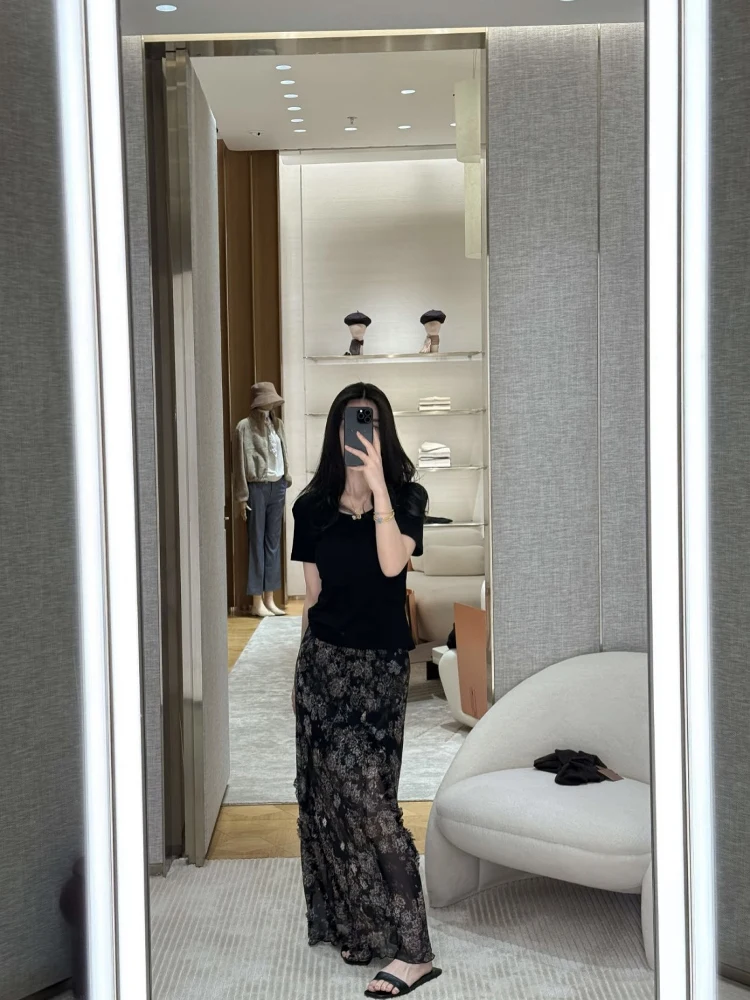 로맨틱 플로럴 프린트 쉬폰 스커트 엘레 드리프팅 롱 스커트 하이웨이스트 A라인 스커트 여름 2025 여성 패션