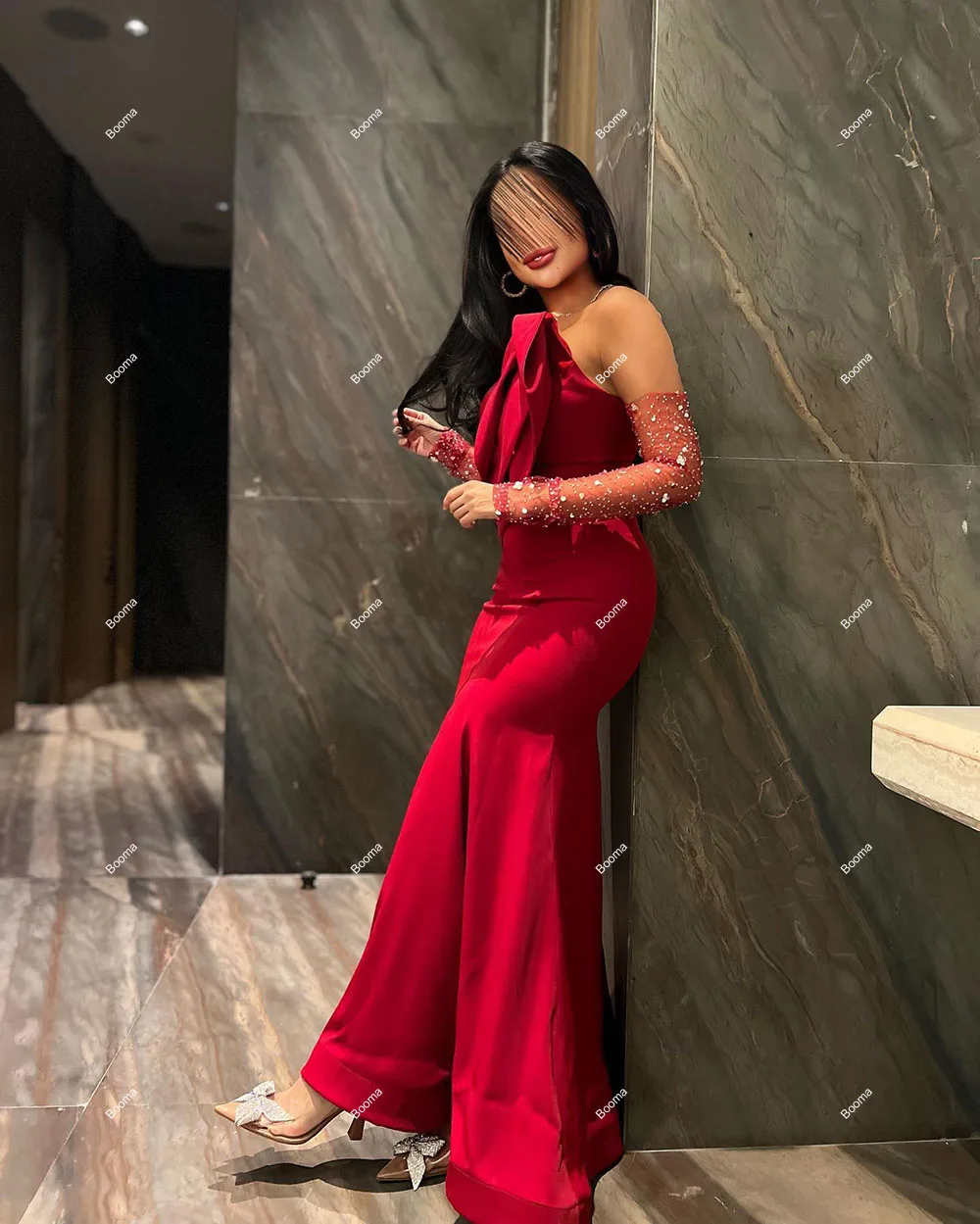 Booma Red Mermaid Evening Dresses Pleated Strapless Formal Occasion Gowns Saudi Arabic Long Party Prom Dresses for Women