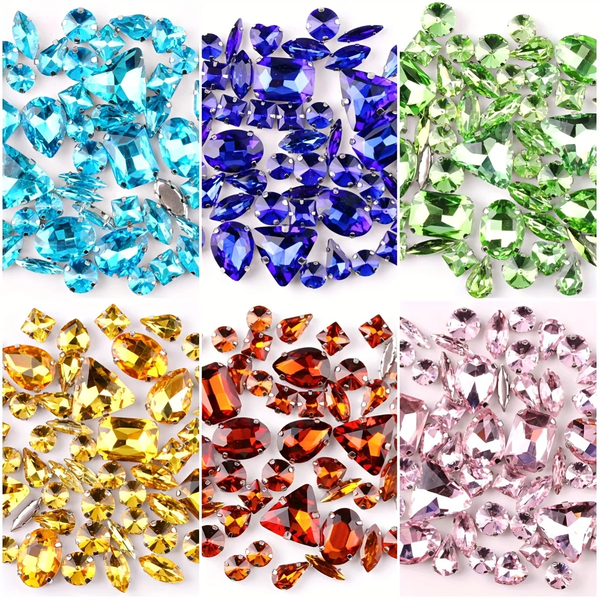 Strass de garra de cristal de vidro, 50 peças, formato misto, parte traseira lisa, cores ab, base prateada para roupas diy, sapatos, artesanato, contas