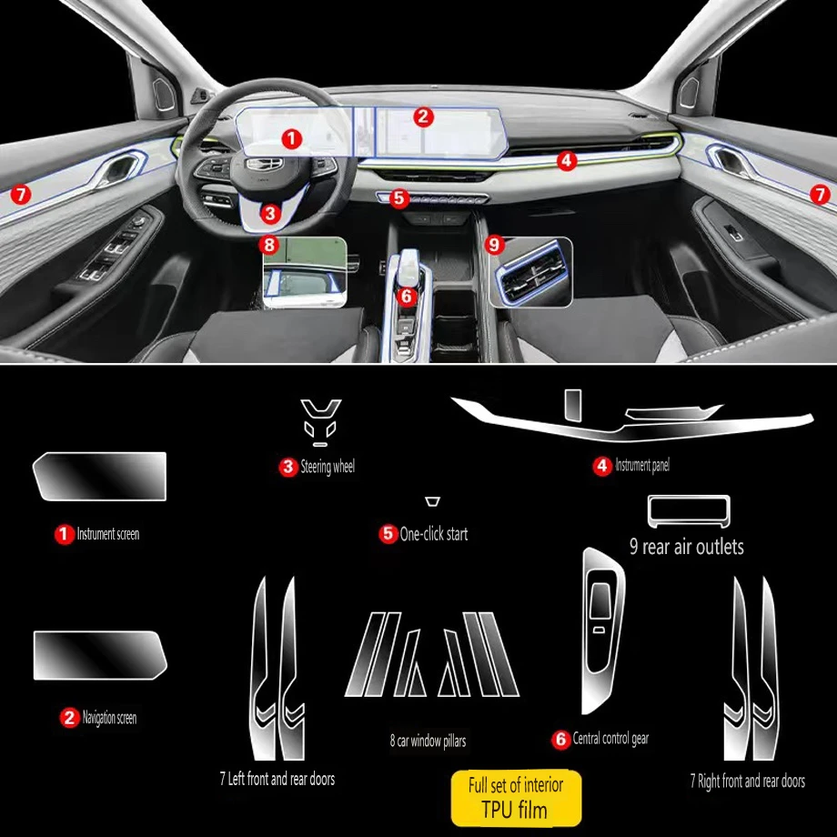 Tpu Transparent Film for Geely Coolray Cool 2022 Car Interior Protection Sticker Center Control Gear Door Window Navigator Panel