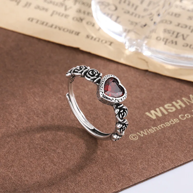 Cincin Perak Murni 925 untuk Wanita Pria Aksesori Bagus Hadiah Pesta Anillos Retro Trendi Sederhana Hati Merah