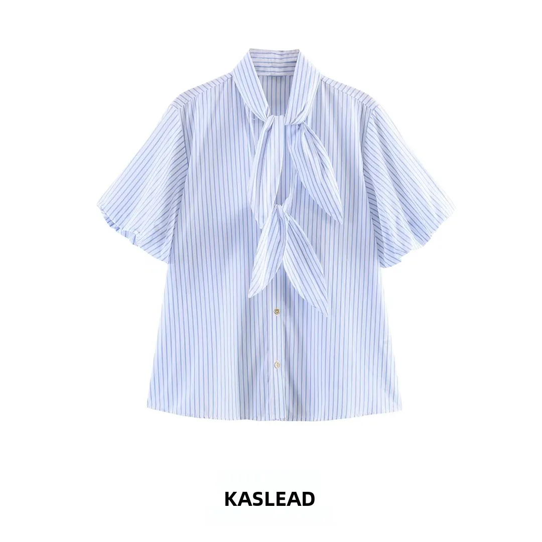 

Fashionable Striped Knot Short Sleeve Shirt Women's Top Versatile KASLEAD New Arrival Breathable Polyester Fiber