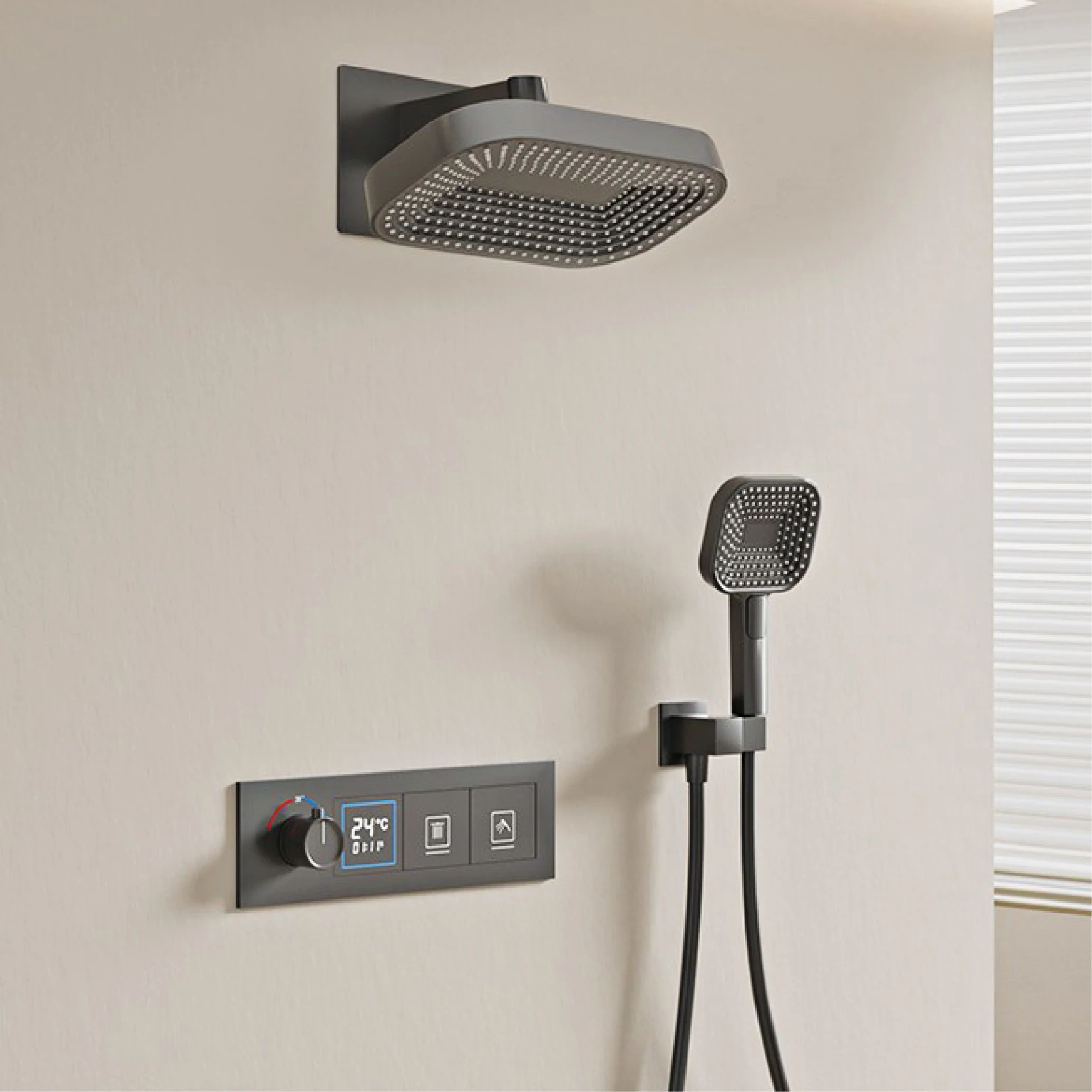 AITANA Miscelatore da bagno a parete con display digitale a LED in ottone nero di lusso a temperatura costante Sistema doccia incorporato a 2 funzioni