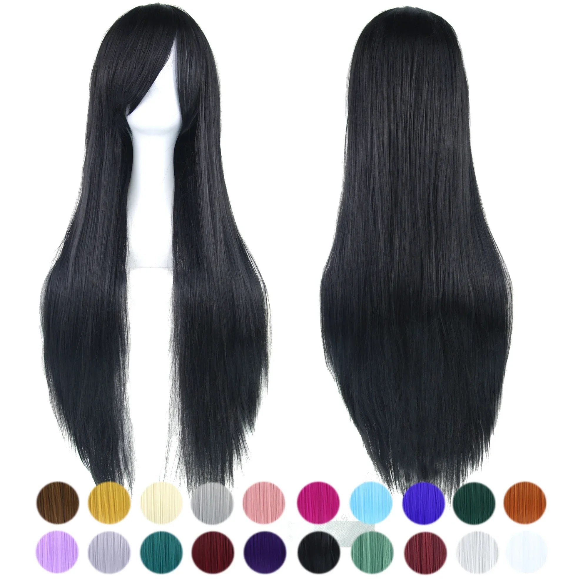 Peluca de Cosplay de pelo Natural largo y liso con flequillo para niñas, pelucas negras para fiesta de disfraces de Halloween, 80cm