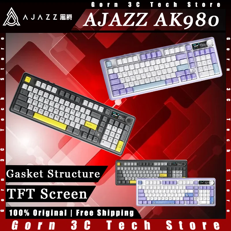 AJAZZ AK980 Mechanical Keyboard Tri-mode TFT Screen Gasket Structure Hot Swap RGB Customized Gaming Keyboard Pc Gamer Accessory