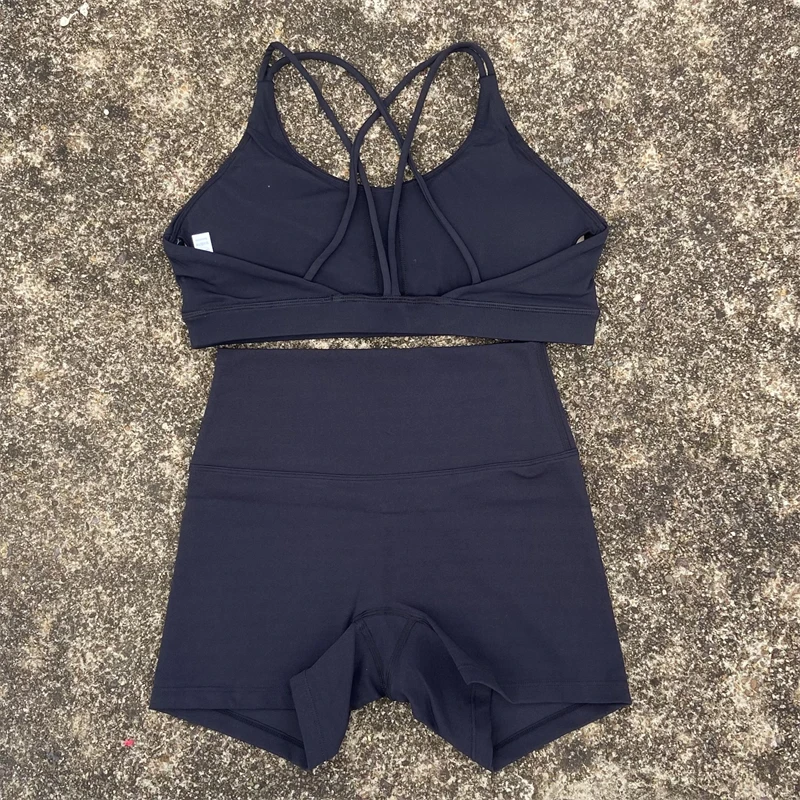 Yoga Shorts Set Gym Sports Set 2 Piece Women Workout Outfit Fitness Suit Cross Straps Bra High Waist Shorts Running Tracksuit image 6