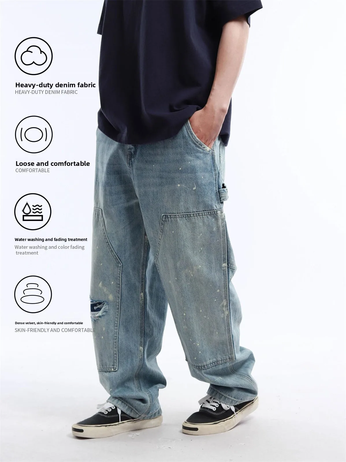 Reknat Men's Jeans Water Washed Patchwork Hole Design Casual Straight Leg Jeans Spring Fashion Urban Style Cotton Polyester B...