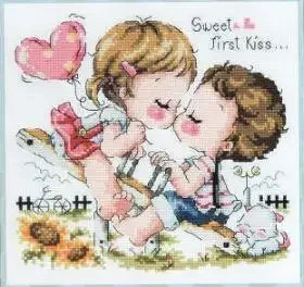 Amishop Gold Collection Lovely Counted Cross Stitch Kit Bling Bling Kiss Sweet First Kiss Love Little Boy And Girl SO 3103