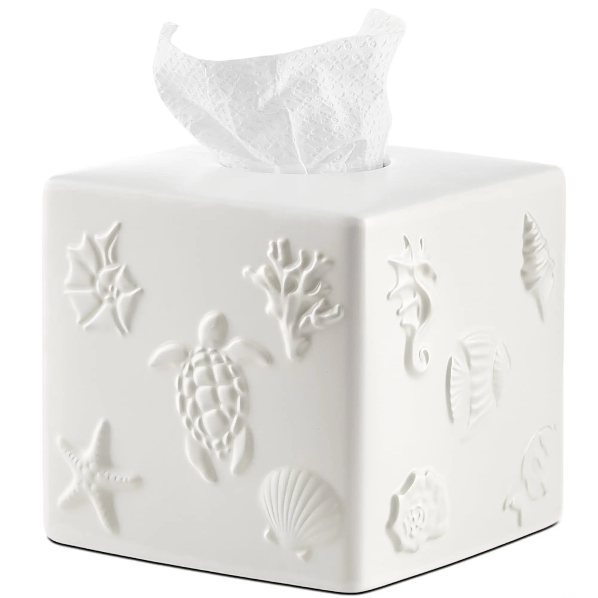 

White Ceramic Square Tissue Box Cover With Embossed Sea Turtle Starfish Shell Coral Decor For Bathroom Kitchen Bedroom Office