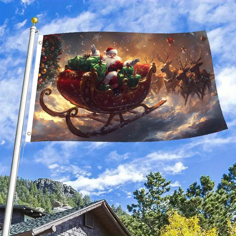 1pc Santa Claus Winter Snow Sled Deer 3x5ft Flagpole Sleeve Style Single-Sided Outdoor Flag with Two-Hole Ring