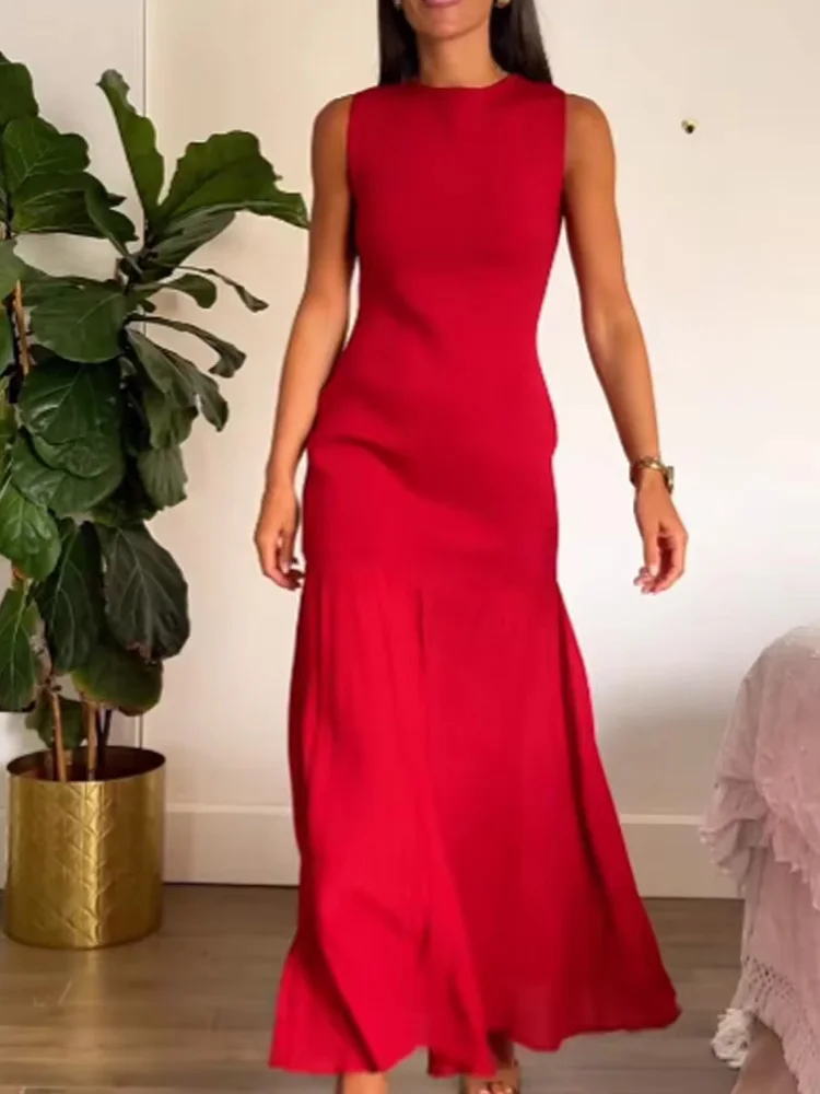 HH femme nouvelle mode mince solide longues robes col rond sans manches épissage robes femme élégante robe tricotée 2 couleurs