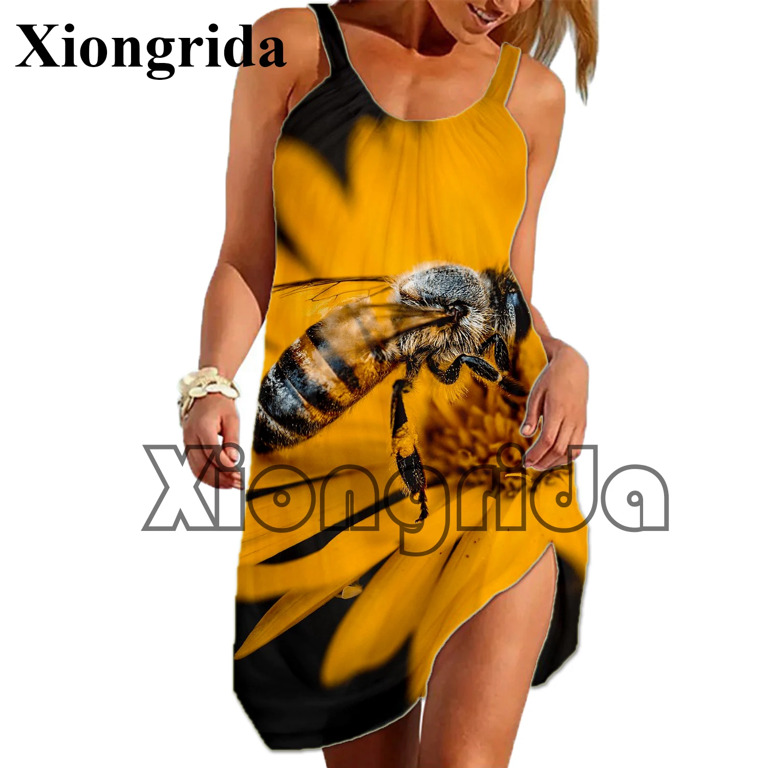 Summer Bee Graphic Fashion Sling Print Dress Insect Hive Honeycomb 3D Women Sexy Loose Seaside Beach Casual Beach Dress