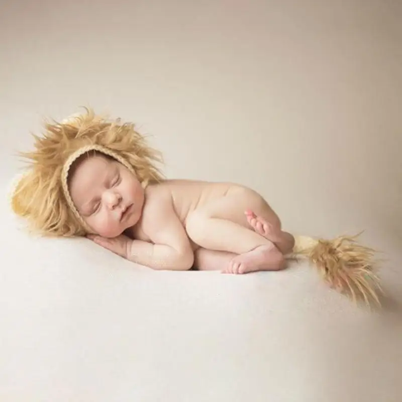 

581F 2 Pcs Baby Props Lion Hat Tail Set Newborn Photography Costumes Knitted Outfits