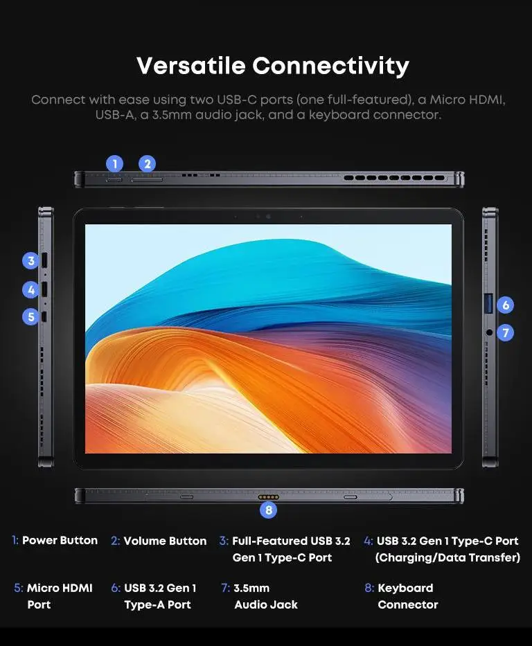 CHUWI Hi10 X2 Windows Tablets With Keyboard Laptop 10.1'' Intel Core i3-10100Y 8GB RAM 256GB SSD 2 In 1 Tablet PC 4K Windows11 WIFI6